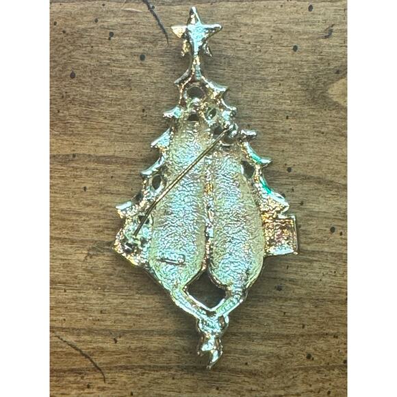 Vintage Cats Christmas Tree Brooch Pin Gold Tone Cat Lady Signed Holiday Jewelry - Picture 5 of 13